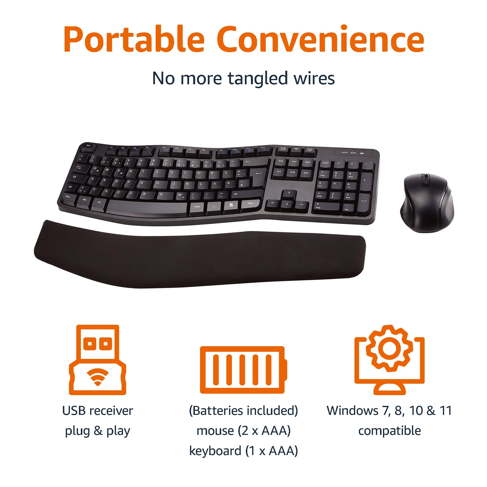 Amazon Basics Ergonomic Wireless Keyboard and Mouse Combo for Comfortable PC and Laptop Use, 2.4 GHz USB, Black