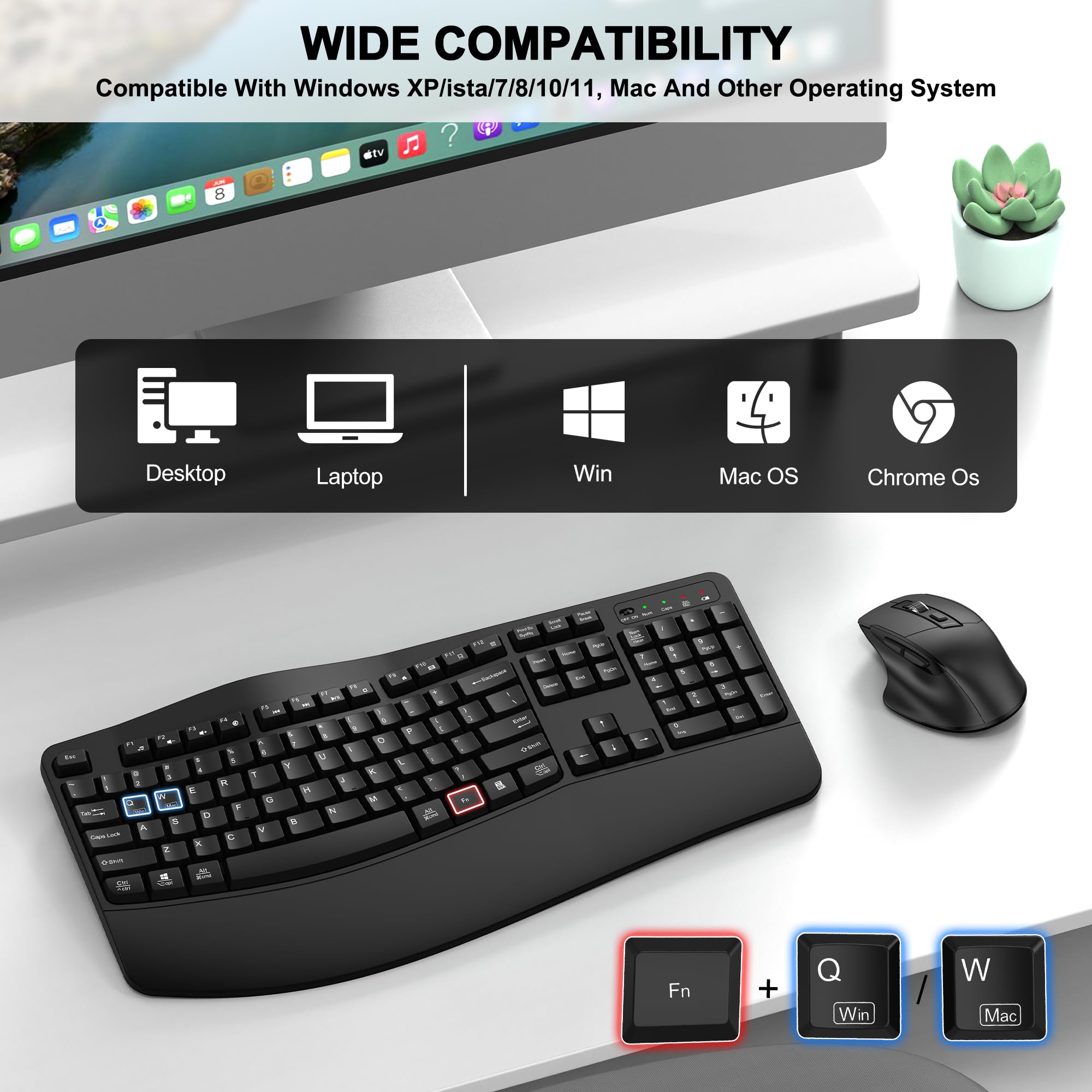 Wireless Keyboard and Mouse Combo, 2.4G Full Size Wave Keys Ergonomic Keyboard with Wrist Rest and 3-Level DPI Adjustable Wireless Ergonomic Mouse for Windows, Mac OS Desktop/Laptop/PC(Black)