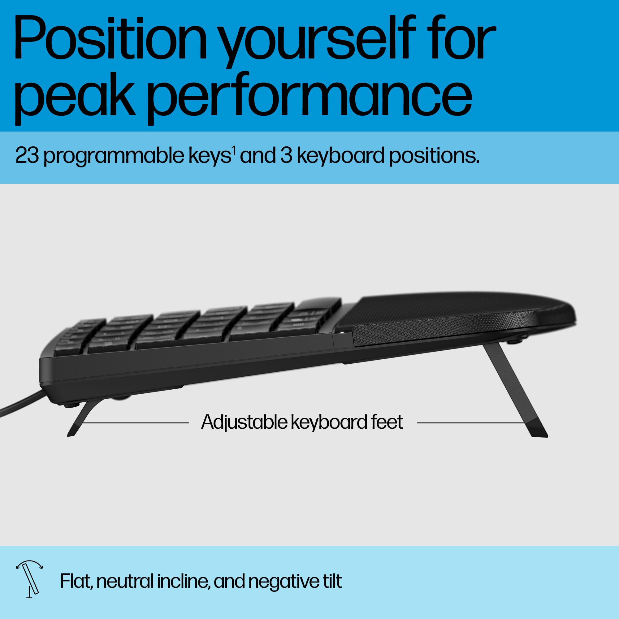 HP 480 Comfort Wired Keyboard - Plug & Play Keyboard, Connect to PC or Laptop with USB-A Cable - Windows, MacOS, & ChromeOS Compatible - 3 Adjustable Angles & 23 Programmable Keys Responsibly Made