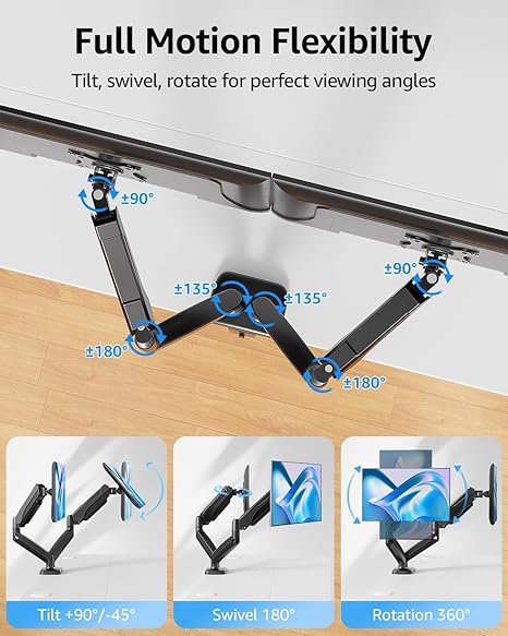MOUNTUP Dual Monitor Stand - Gas Spring Monitor Arms for 2 Screens (22"-32"), Height Adjustable VESA Mount with C-Clamp & Grommet Base, Holds 4.4-17.6 lbs (Black)