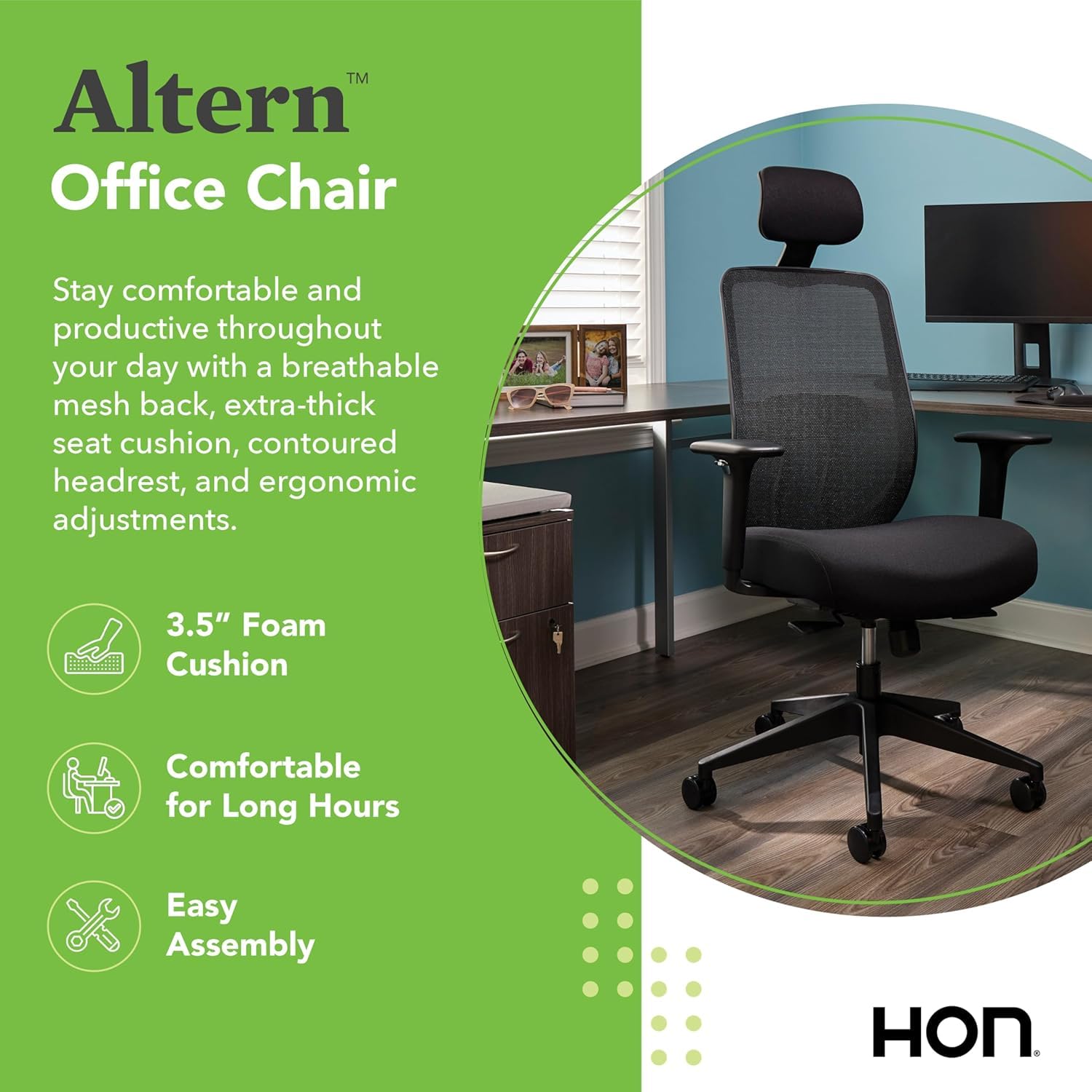 HON Altern Ergonomic Office Chair with Headrest, Arms, Wheels, Foam Cushion Seat, Mid Back Home Office Desk Chair Comfy, Gaming Chair, Height Adjustable Arms, Synchro-Tilt, Seat-Slide, Black