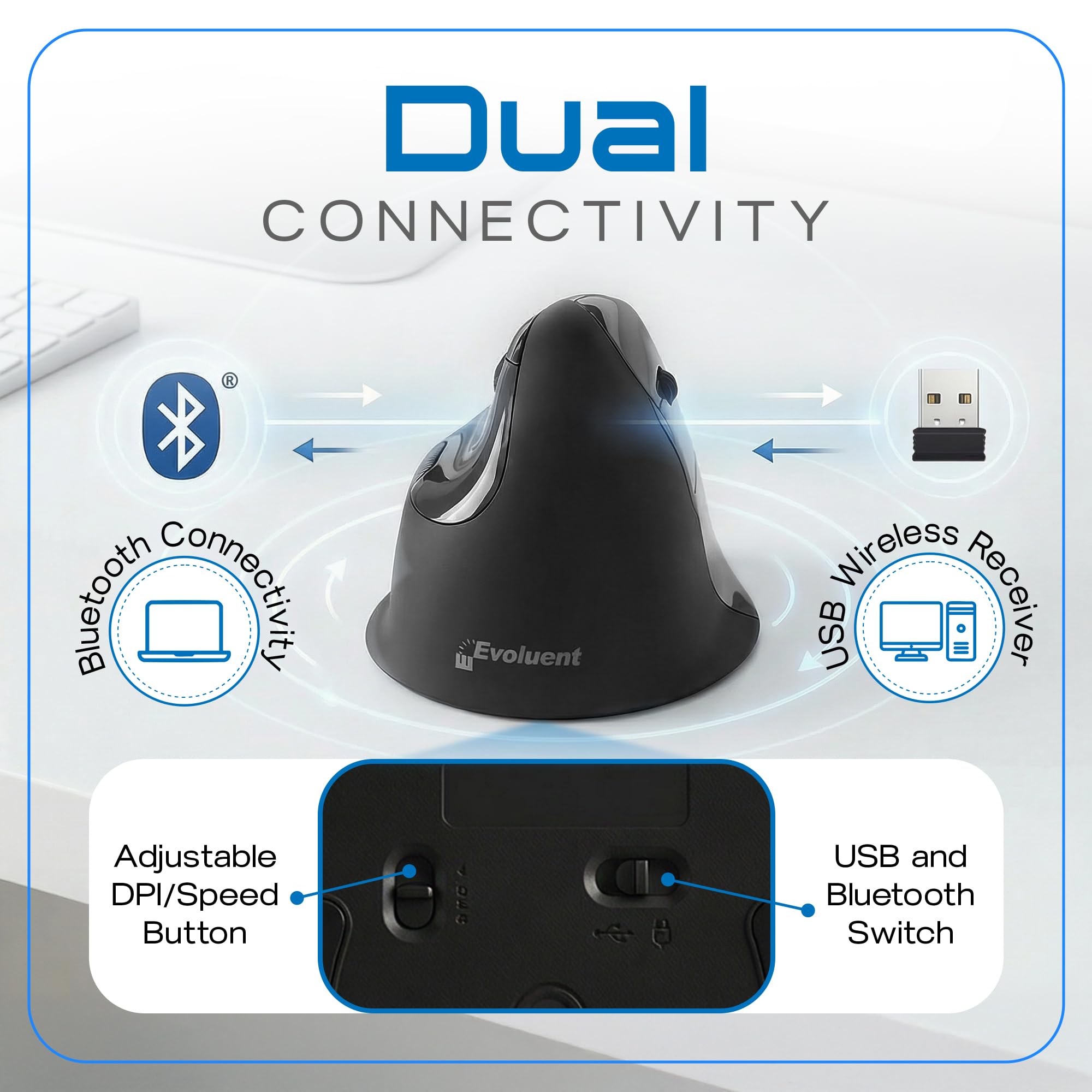 Evoluent – Inventor of The Vertical Mouse – VMC Vertical Ergonomic Mouse Wireless USB/Bluetooth Ergo Design for Right Hand M-L, Sculpted Comfort, 4 Speeds, Copy & Paste Buttons