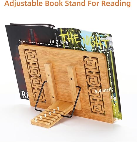 MEGREZ Book Stand for Reading (13.2 x 9.4 inch) Bamboo Cookbook Stand Holder for Kitchen, Adjustable Book Holder Stand for Tablet/Textbook Holder/Hollow Bookrest Stand, Rose