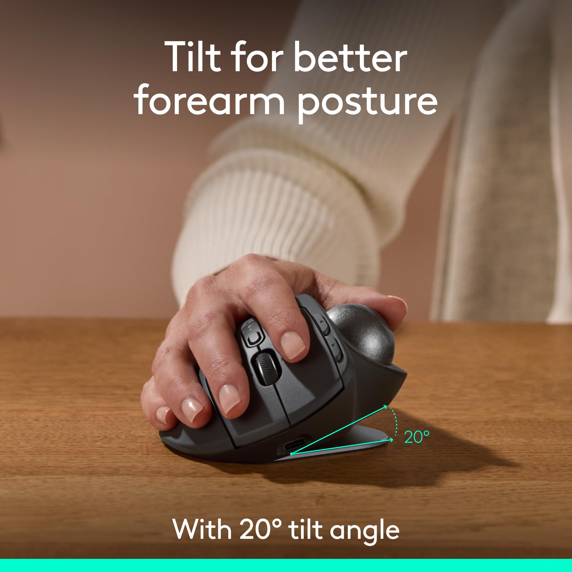 Logitech MX Ergo S Advanced Wireless Trackball Mouse, USB-C Rechargeable Wireless Ergonomic Mouse with Bluetooth and Encrypted Dongle, 6 Programmable Buttons, for PC/Mac - Graphite