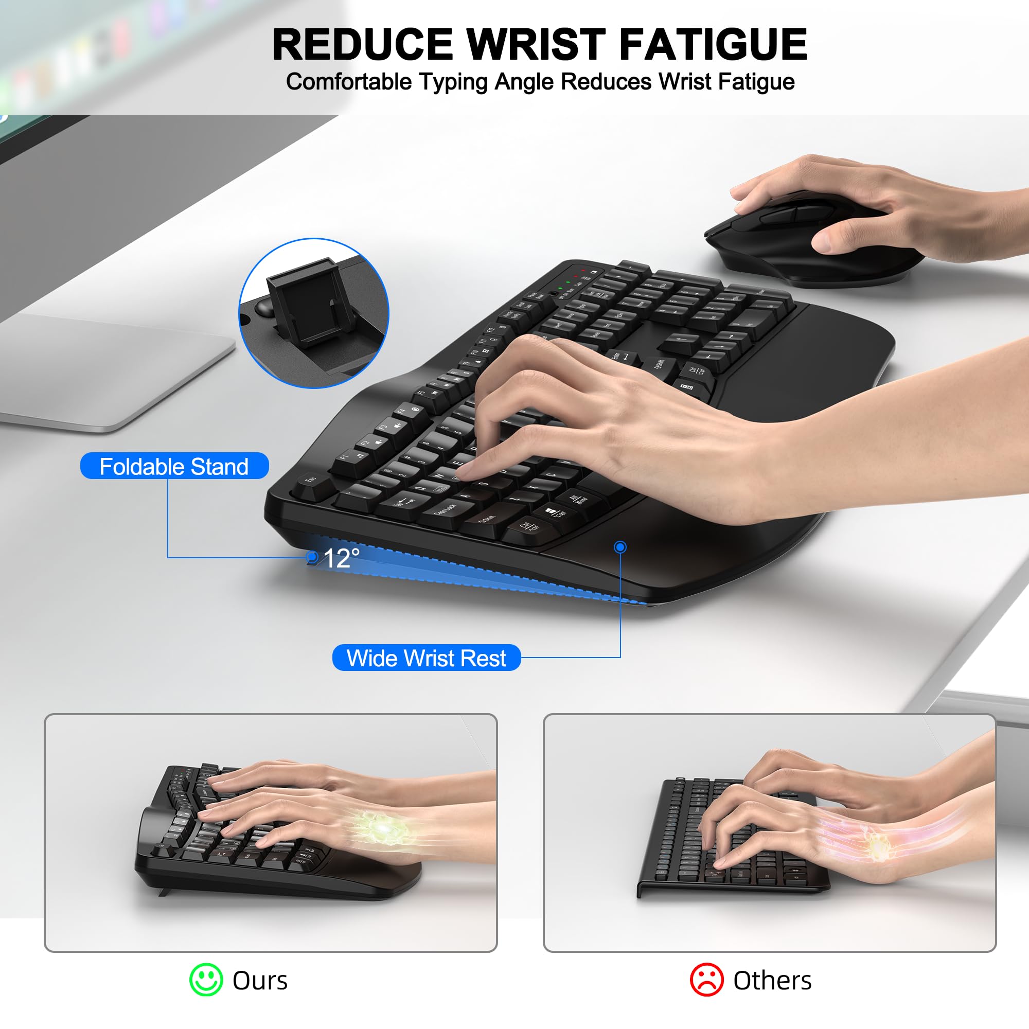 Wireless Keyboard and Mouse Combo, 2.4G Full Size Wave Keys Ergonomic Keyboard with Wrist Rest and 3-Level DPI Adjustable Wireless Ergonomic Mouse for Windows, Mac OS Desktop/Laptop/PC(Black)