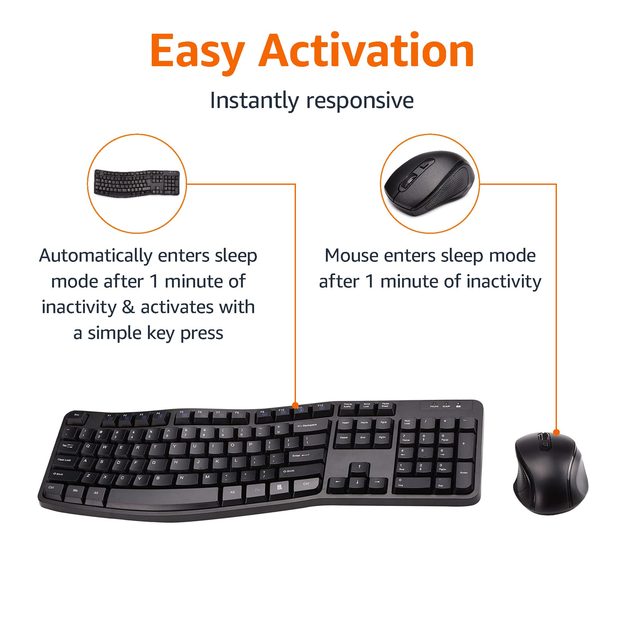 Amazon Basics Ergonomic Wireless Keyboard and Mouse Combo for Comfortable PC and Laptop Use, 2.4 GHz USB, Black