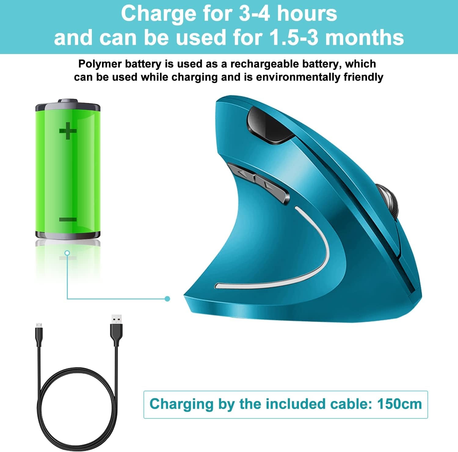 Ergonomic Wireless Mouse, Rechargeable Mouse 2.4Hz Vertical Wireless Optical Mice with USB Receiver, 6 Buttons for Pc,Laptop,Etc Blue