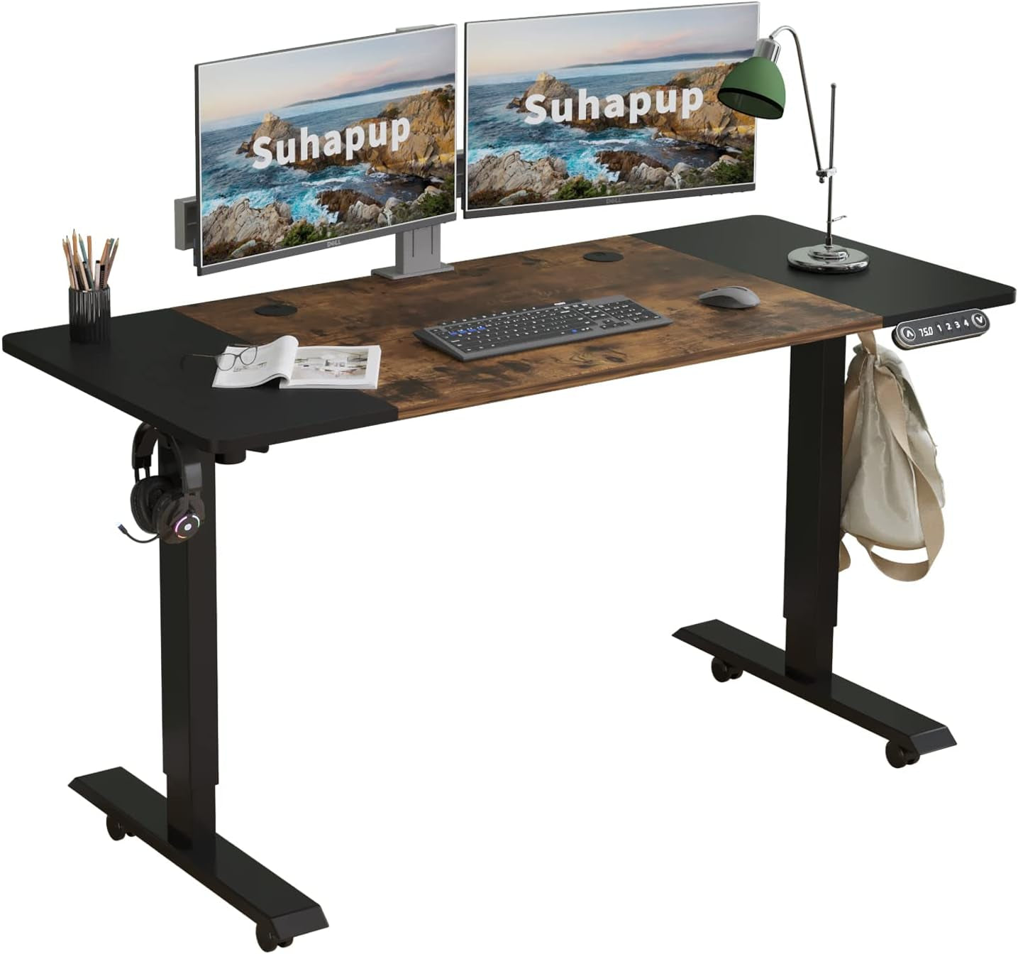 Electric Adjustable Height Standing Desk, 55 X 24 Inches Sit - Stand Desk for Work or Home Office 4 Preset Heights Easy to Set， Rustic Brown + Black Splice Board/Black Frame