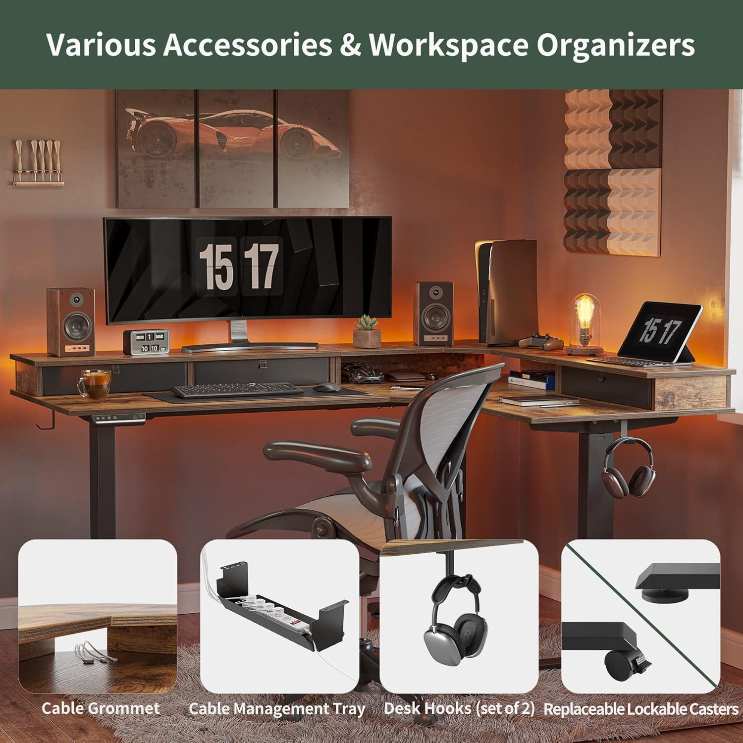 L Shaped Standing Desk with Drawers, Exclusive Upgraded 3 Motors Support 330LBS, Electric Height Adjustable L Standing Desk with Large Monitor Stand, Rustic Brown