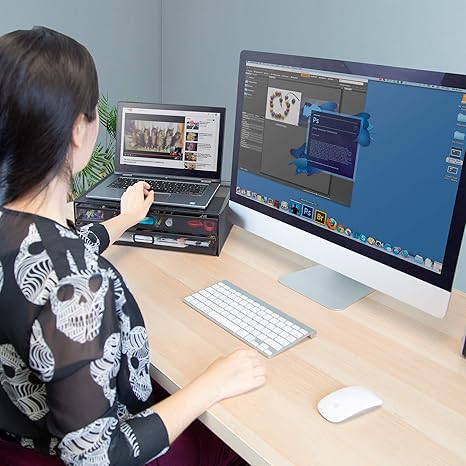 MOUNT-IT! Computer Monitor Stand with Drawers - Metal Mesh Riser & Organizer for Laptops, Screens, Printers & Office Supplies (Black)