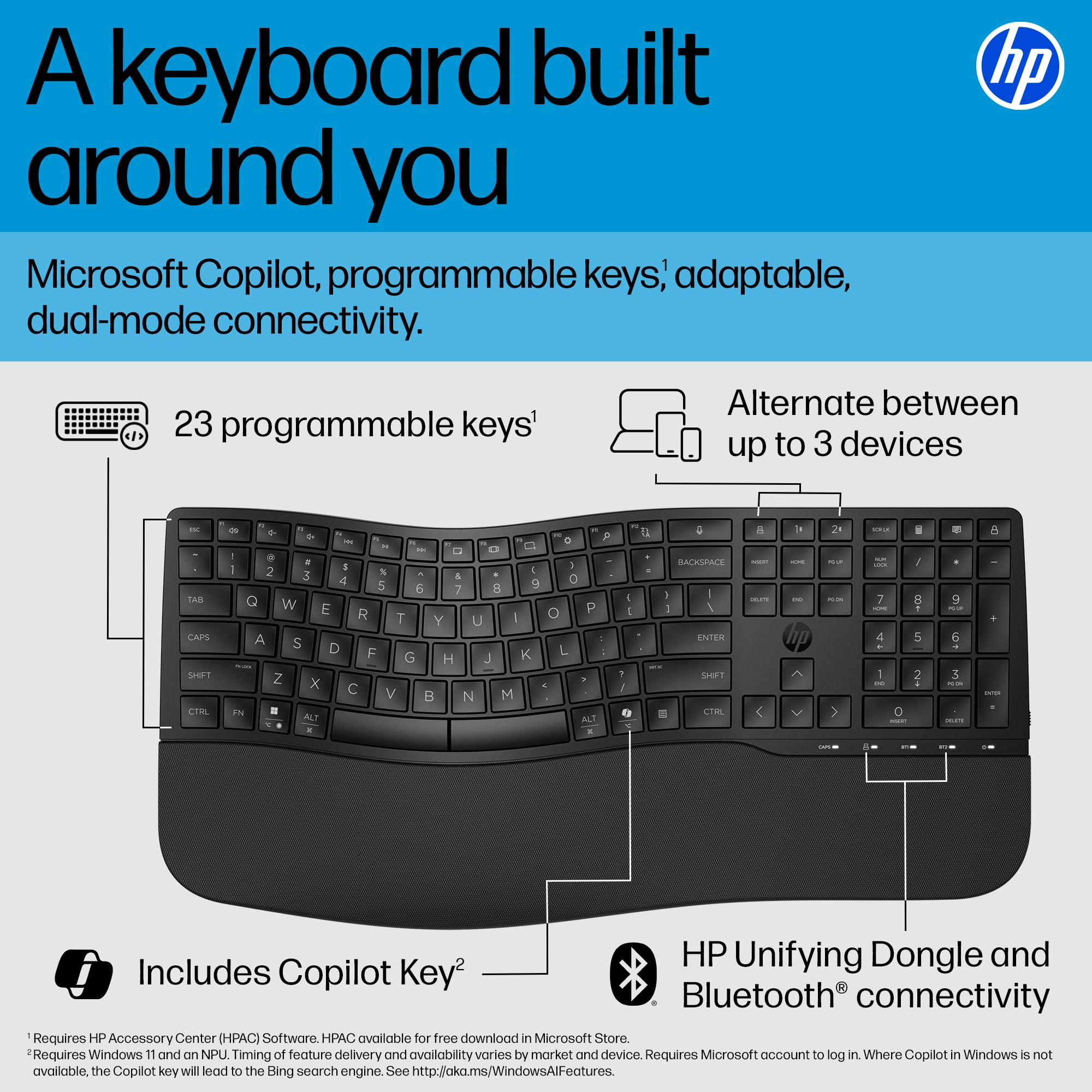 HP 680 Comfort Dual-Mode Keyboard, Microsoft Copilot, Adjustable, HP Unifying Dongle, 2.4G Bluetooth, Black, 8T6L8AA