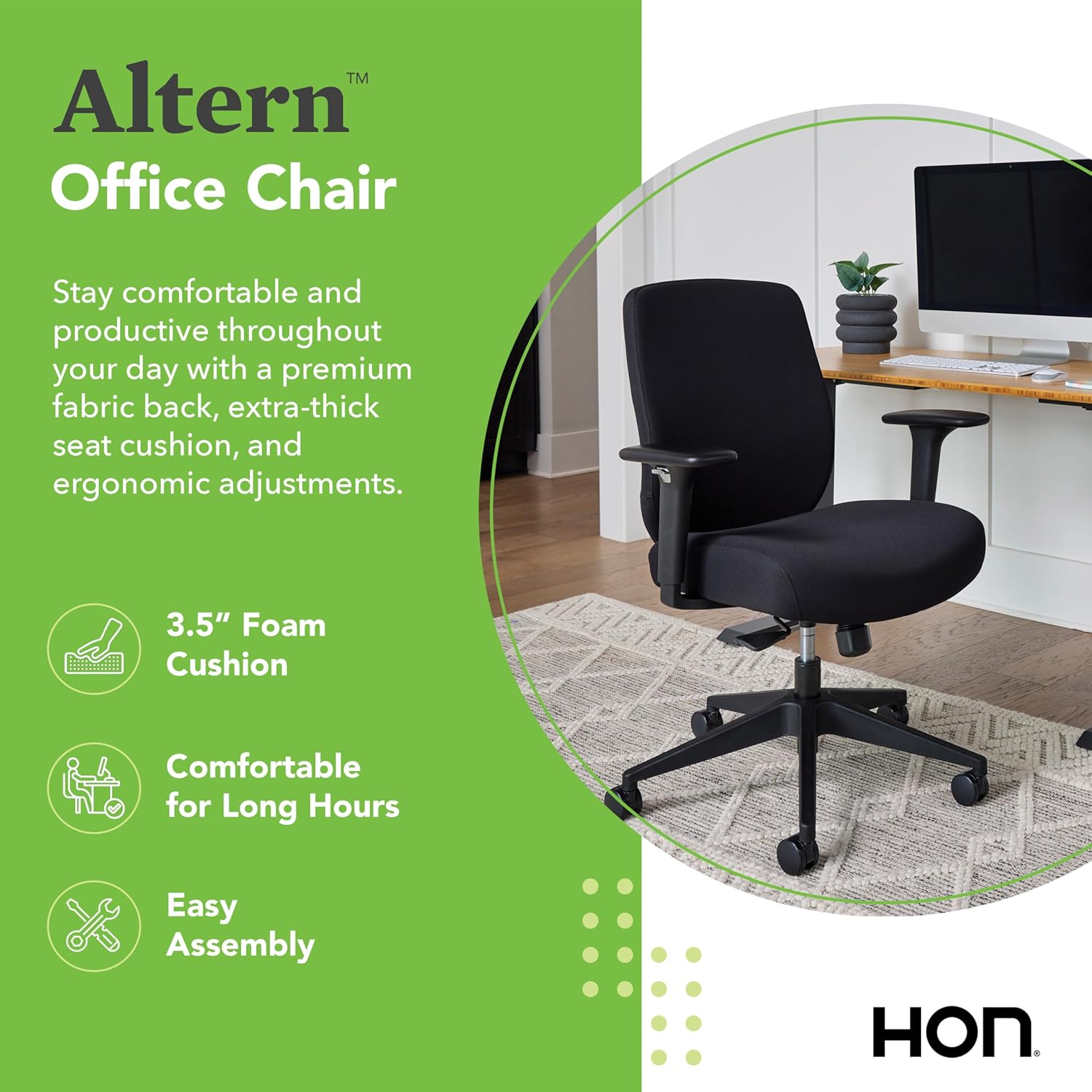 HON Altern Ergonomic Fabric Office Chair with Arms, Wheels, Foam Cushion Seat, Low Back Home Office Desk Chair Comfy, Height Adjustable Arms, Synchro-Tilt