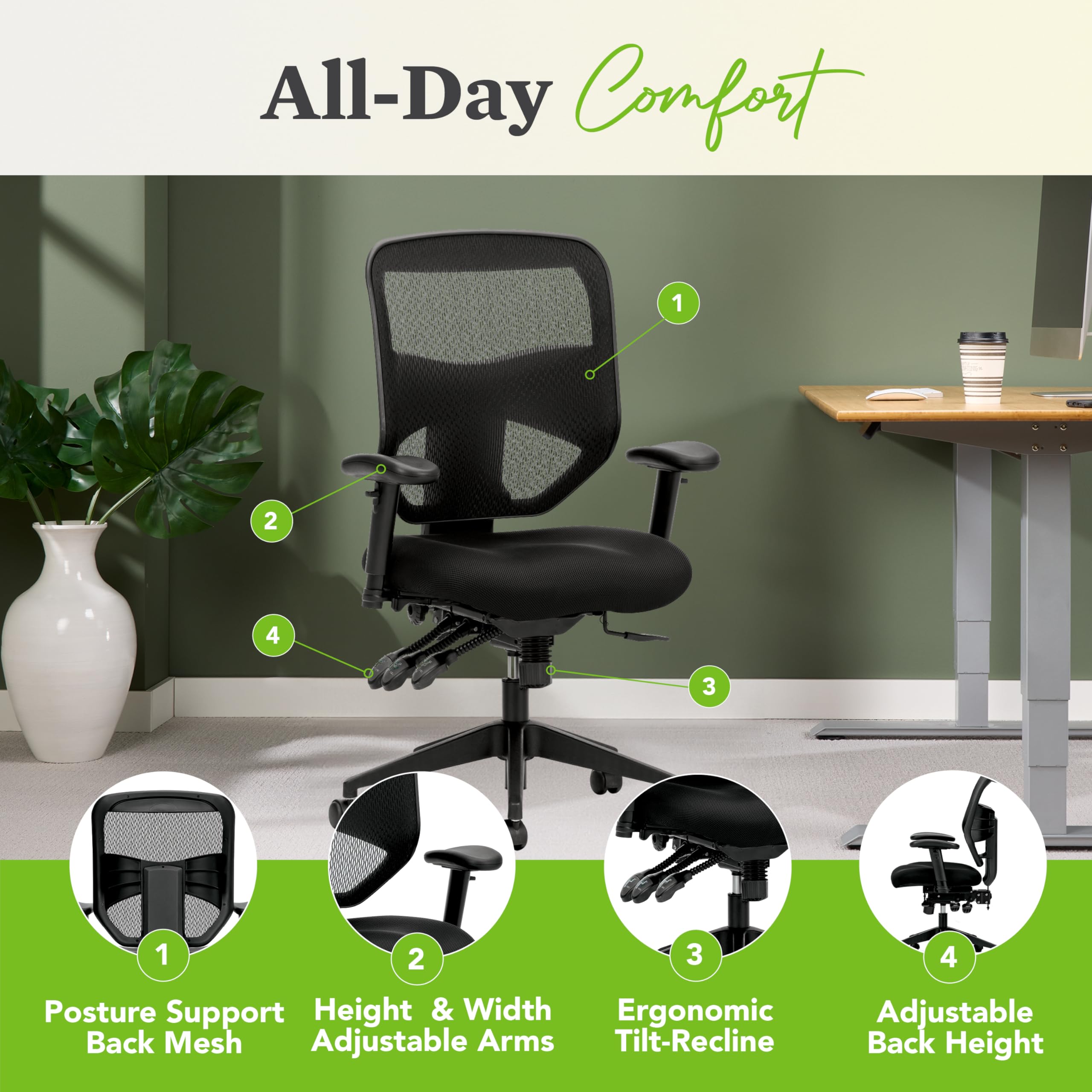 HON Prominent Mesh Ergonomic Office Chair with Adjustable Arms, Back Support, 360° Swivel Task Chair for Computers, Desk, Home Office, ASynchro-Tilt Recline, Black