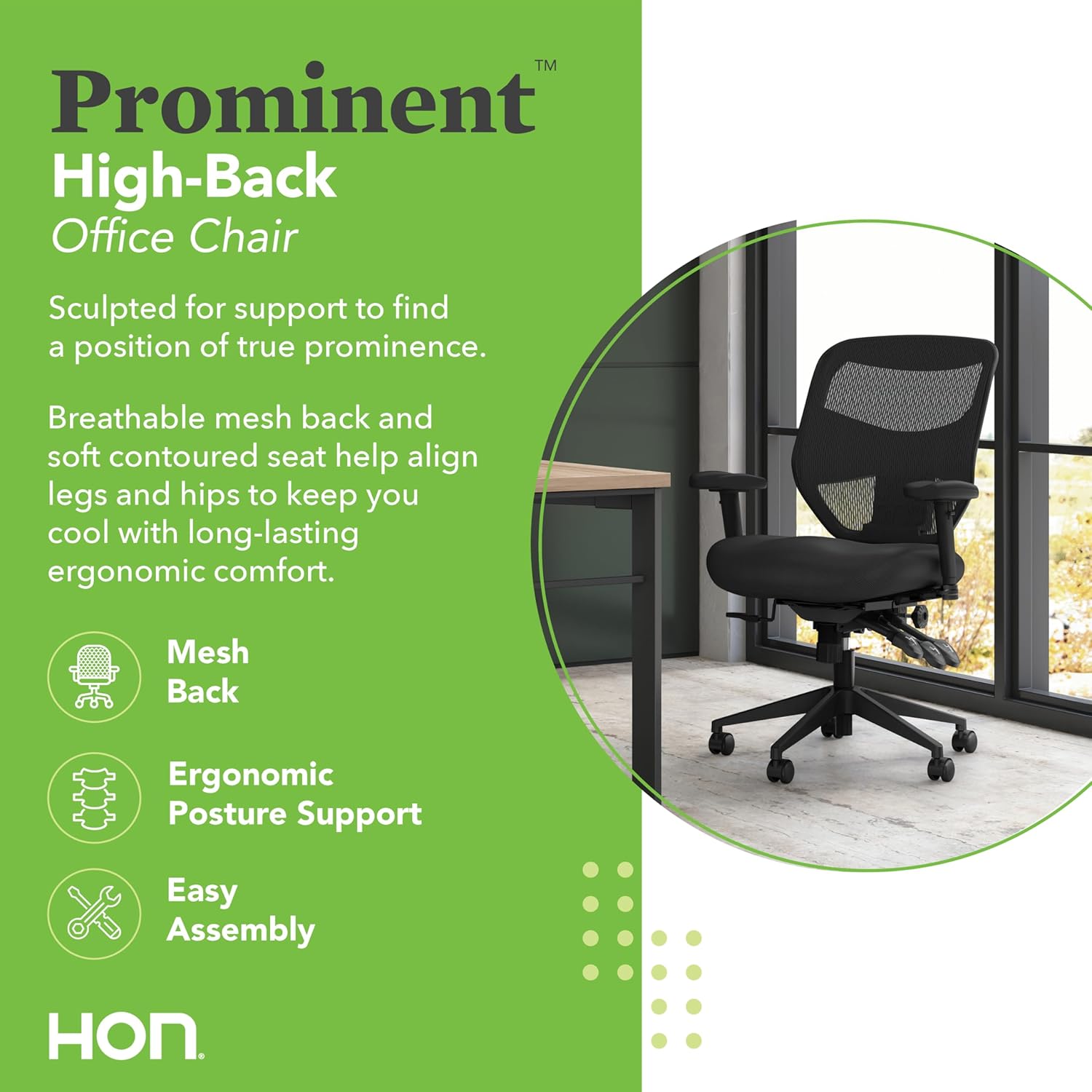 HON Prominent Mesh Ergonomic Office Chair with Adjustable Arms, Back Support, 360° Swivel Task Chair for Computers, Desk, Home Office, ASynchro-Tilt Recline