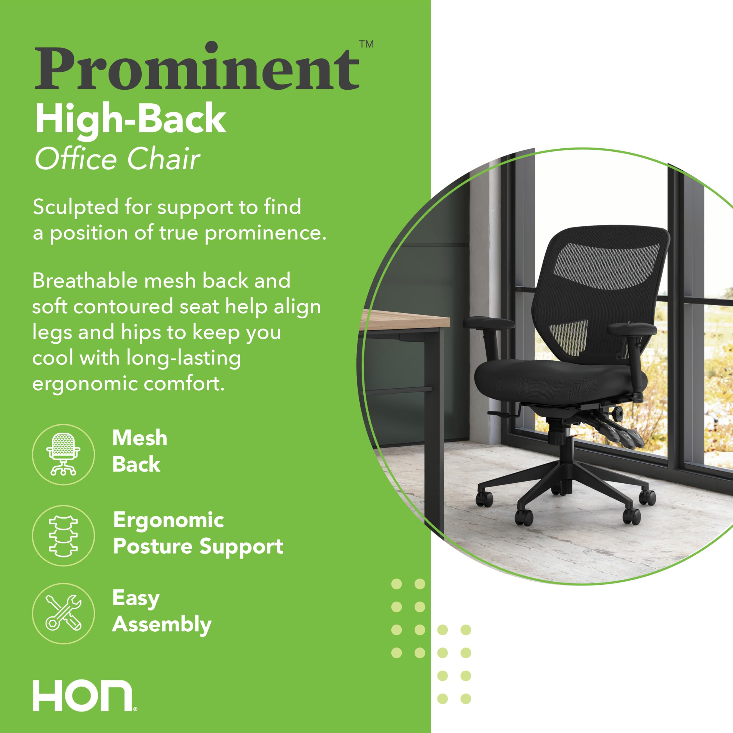 HON Prominent Mesh Ergonomic Office Chair with Adjustable Arms, Back Support, 360° Swivel Task Chair for Computers, Desk, Home Office, ASynchro-Tilt Recline, Black
