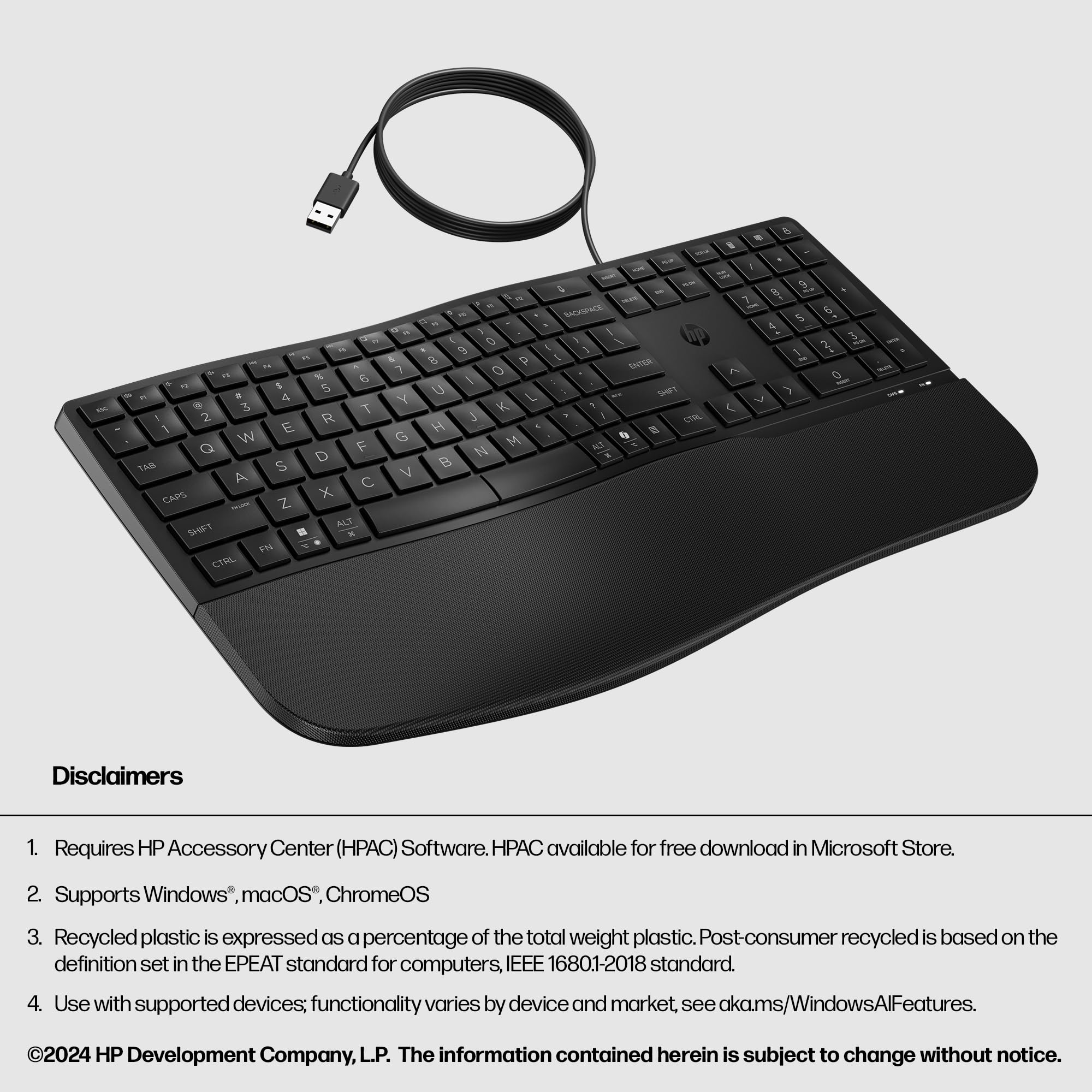 HP 480 Comfort Wired Keyboard - Plug & Play Keyboard, Connect to PC or Laptop with USB-A Cable - Windows, MacOS, & ChromeOS Compatible - 3 Adjustable Angles & 23 Programmable Keys Responsibly Made