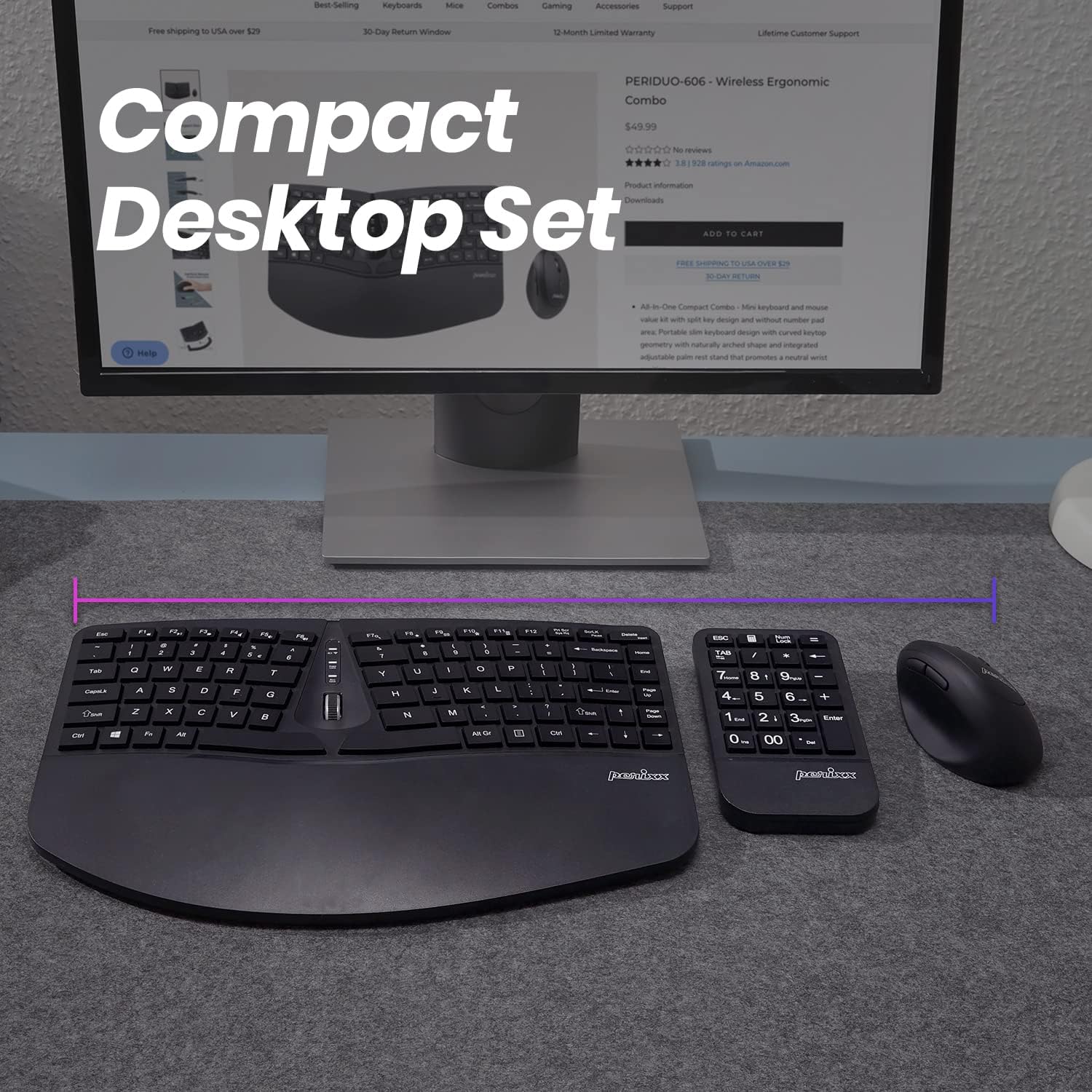 Perixx Wireless Ergonomic Keyboard, Vertical Mouse & Keypad Combo
