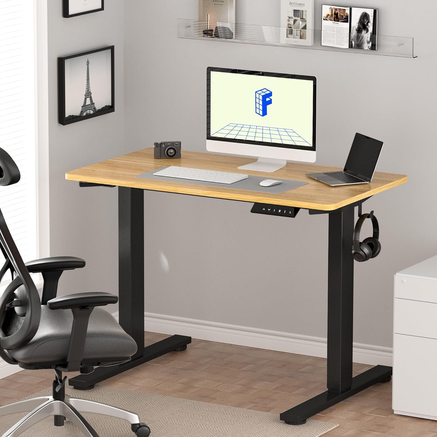 EN1 Whole-Piece Standing Desk 48" X 30" Electric Height Adjustable Stand up Desk Frame W/Automatic Smart Keypad (Black Frame + Maple Top, 2 Packages)