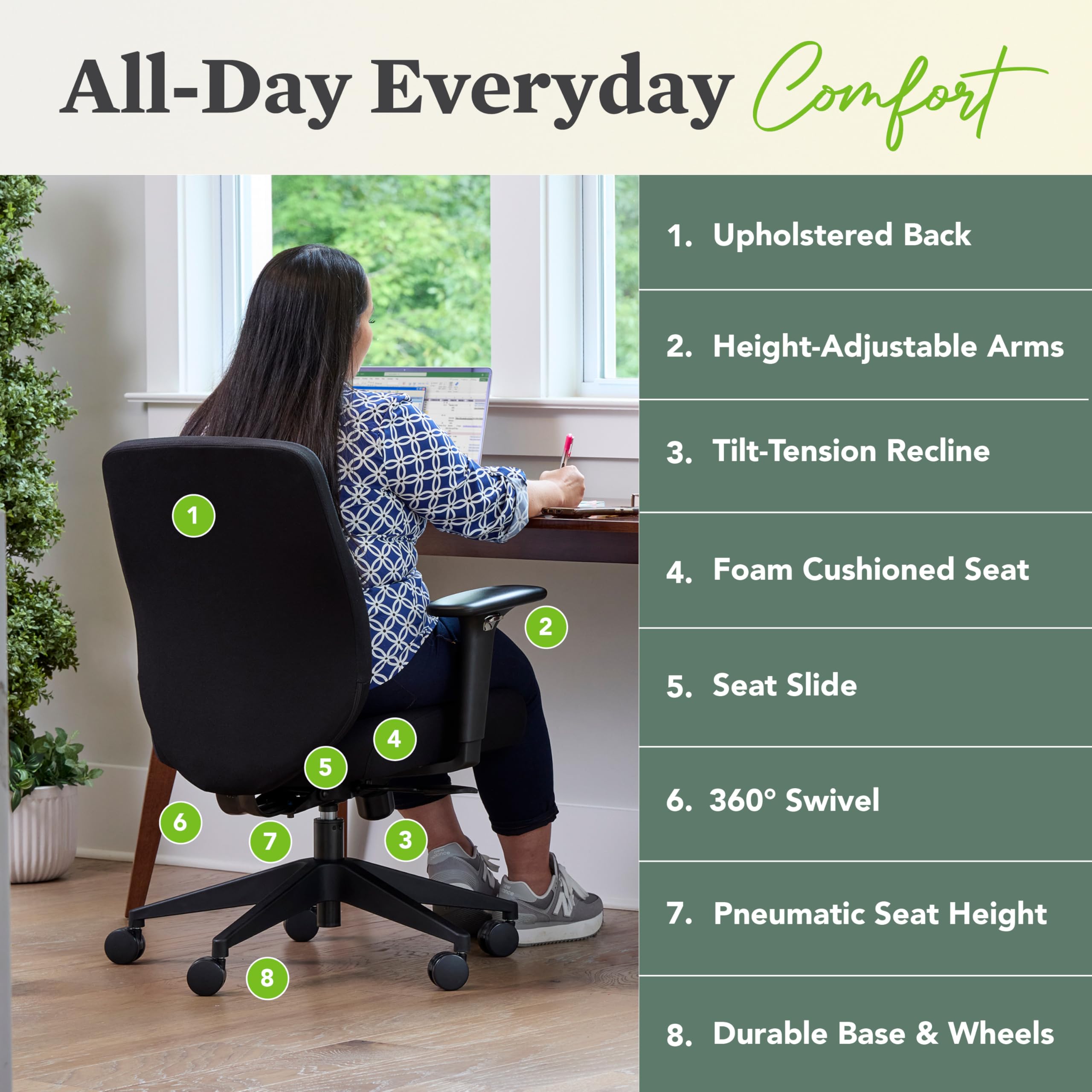 HON Altern Ergonomic Fabric Office Chair with Arms, Wheels, Foam Cushion Seat, Low Back Home Office Desk Chair Comfy, Height Adjustable Arms, Synchro-Tilt, Seat-Slide, Black
