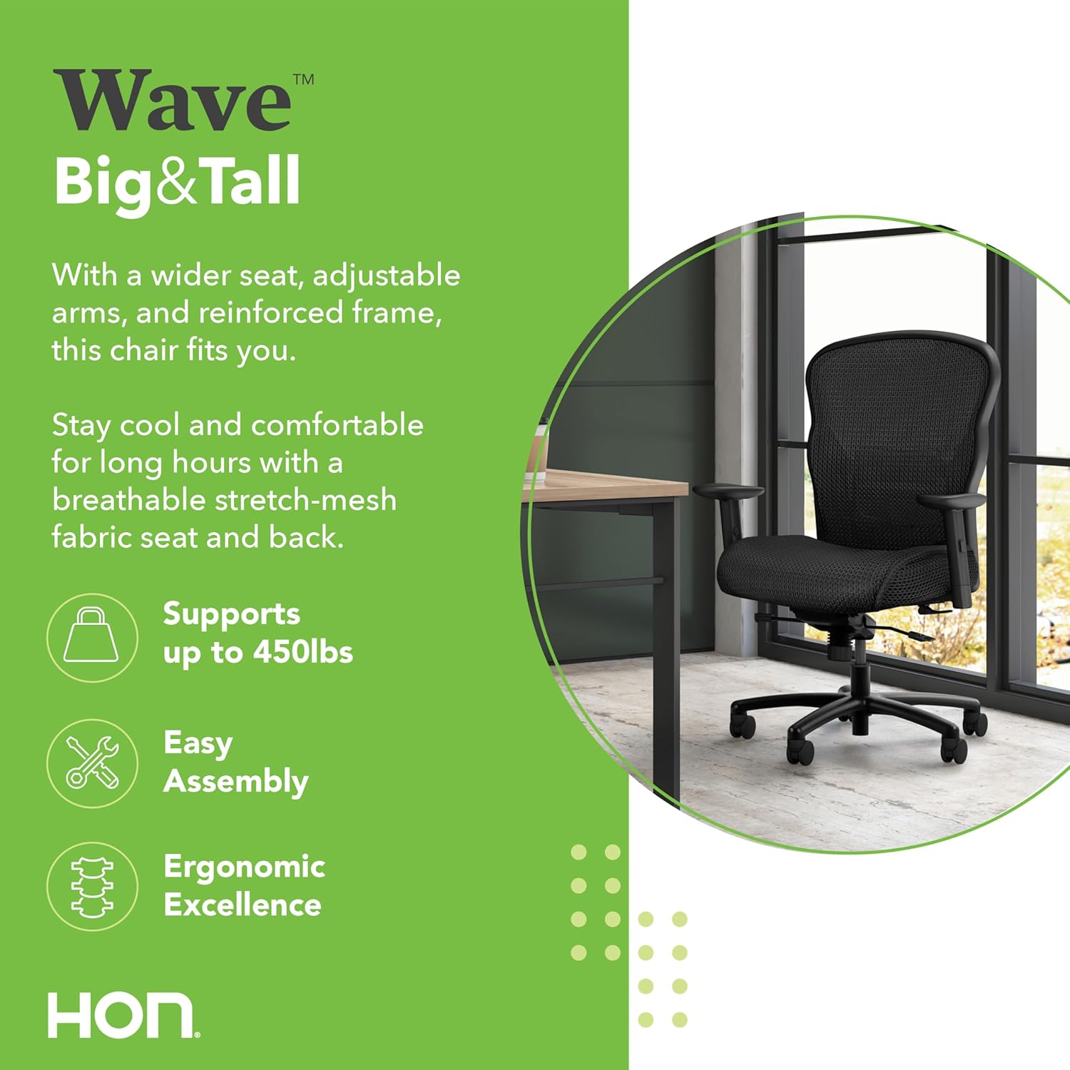 HON Wave Big and Tall Office Chair with Adjustable Arms, 450 lbs Capacity, Ergonomic, Breathable Mesh Desk Chair with Wheels, 360° Swivel, Heavy Duty Tilt Recline