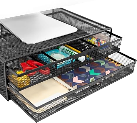 MOUNT-IT! Computer Monitor Stand with Drawers - Metal Mesh Riser & Organizer for Laptops, Screens, Printers & Office Supplies (Black)