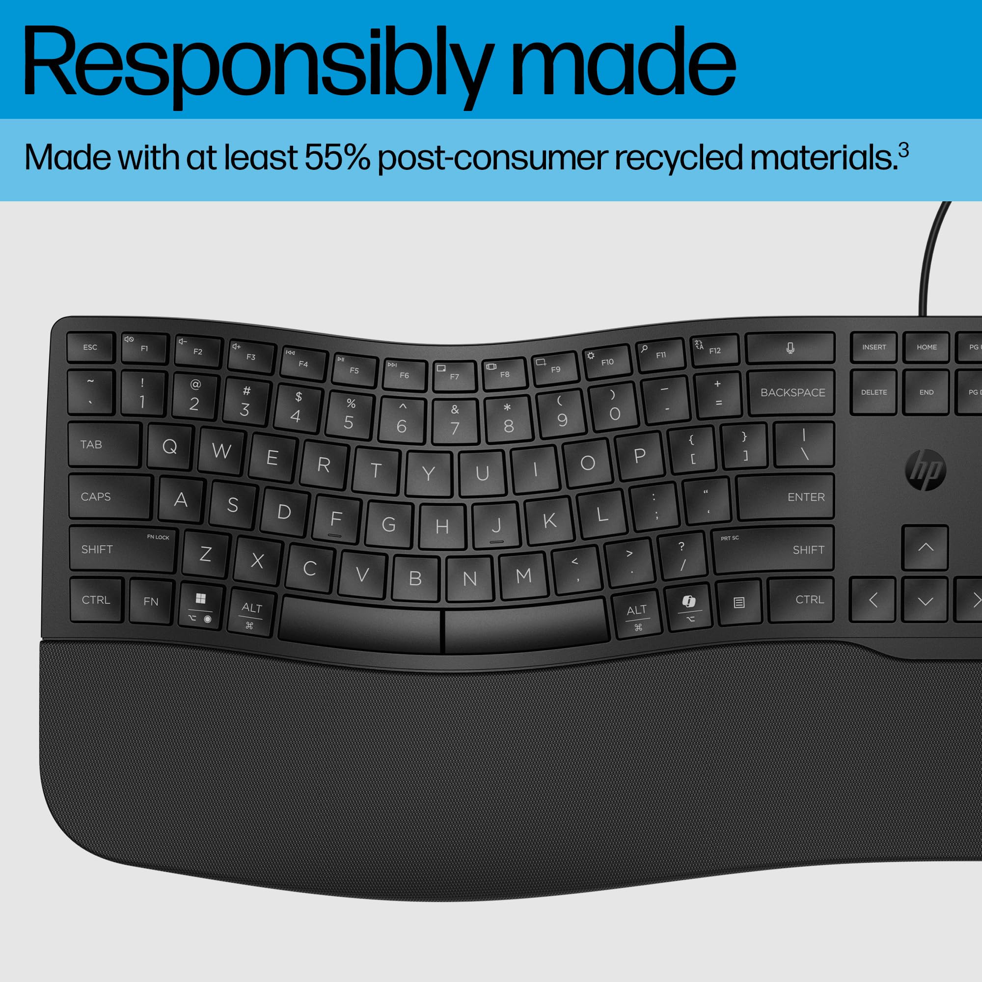 HP 480 Comfort Wired Keyboard - Plug & Play Keyboard, Connect to PC or Laptop with USB-A Cable - Windows, MacOS, & ChromeOS Compatible - 3 Adjustable Angles & 23 Programmable Keys Responsibly Made