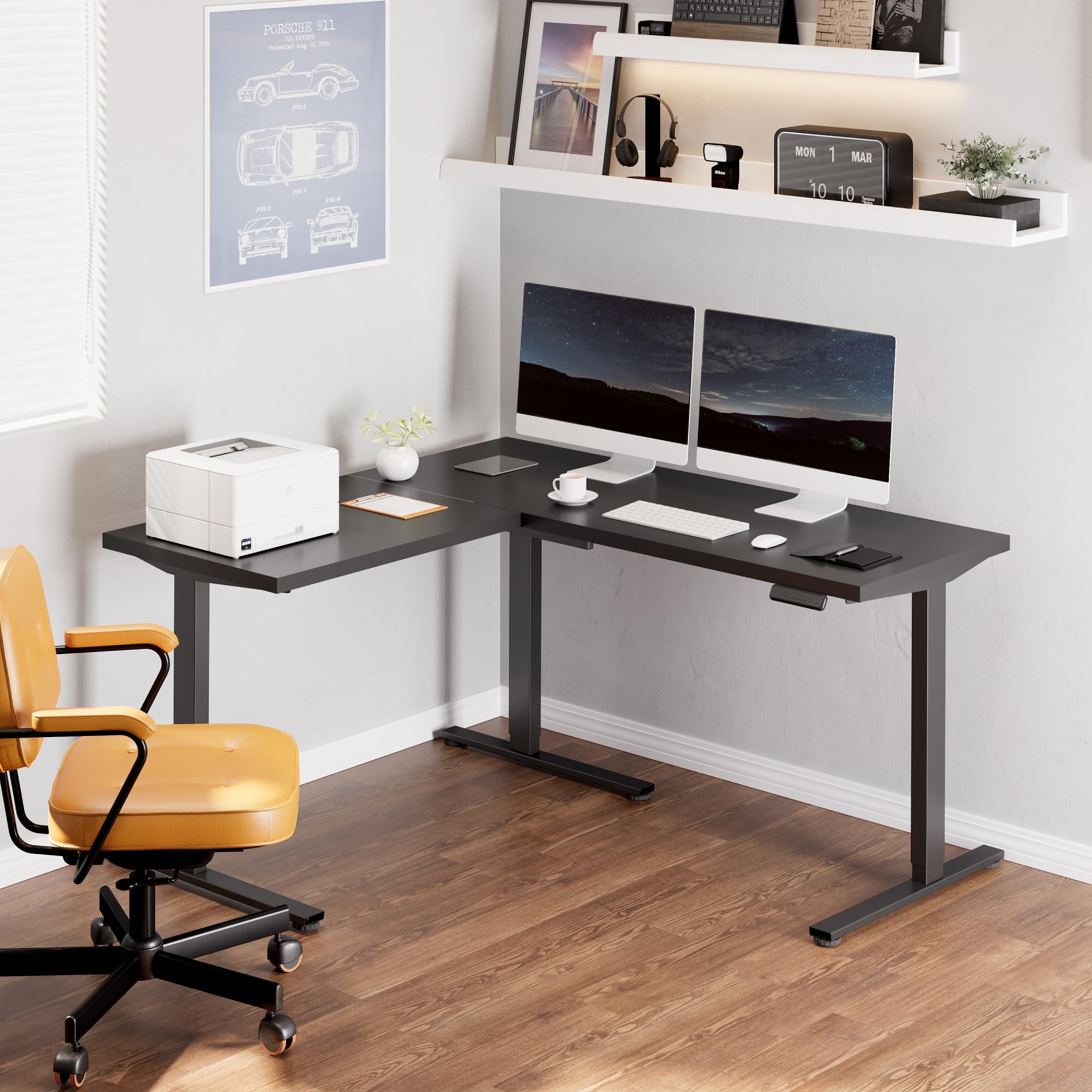 FLEXISPOT L Shaped Standing Desk, 63 x 55 Inch Electric Height Adjustable Corner Desk, Sit Stand Computer Workstation, Preset Controller, Home Office, Black Frame with Black Top