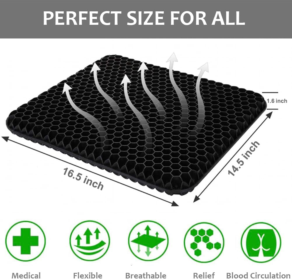 Gel Seat Cushion for Long Sitting - Wheelchair Cushion for Pressure Sores - Office Chair Car Seat Cushion for Coccyx,Sciatica,Back,Hip & Tailbone Pain - Egg Seat Cushion with Non-Slip Cover, Black