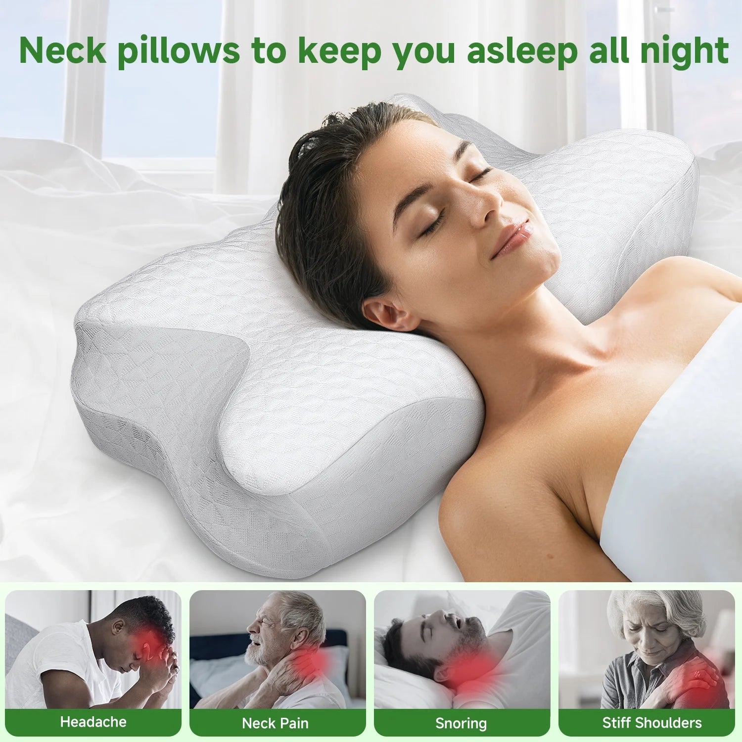 Bed Pillows for Cervical Pillow for Neck Pain Relief, Odorless Orthopedic Memory Foam Contour Neck Pillows with Breathable Pillowcase for Side Back Stomach Sleepers, Lightgrey
