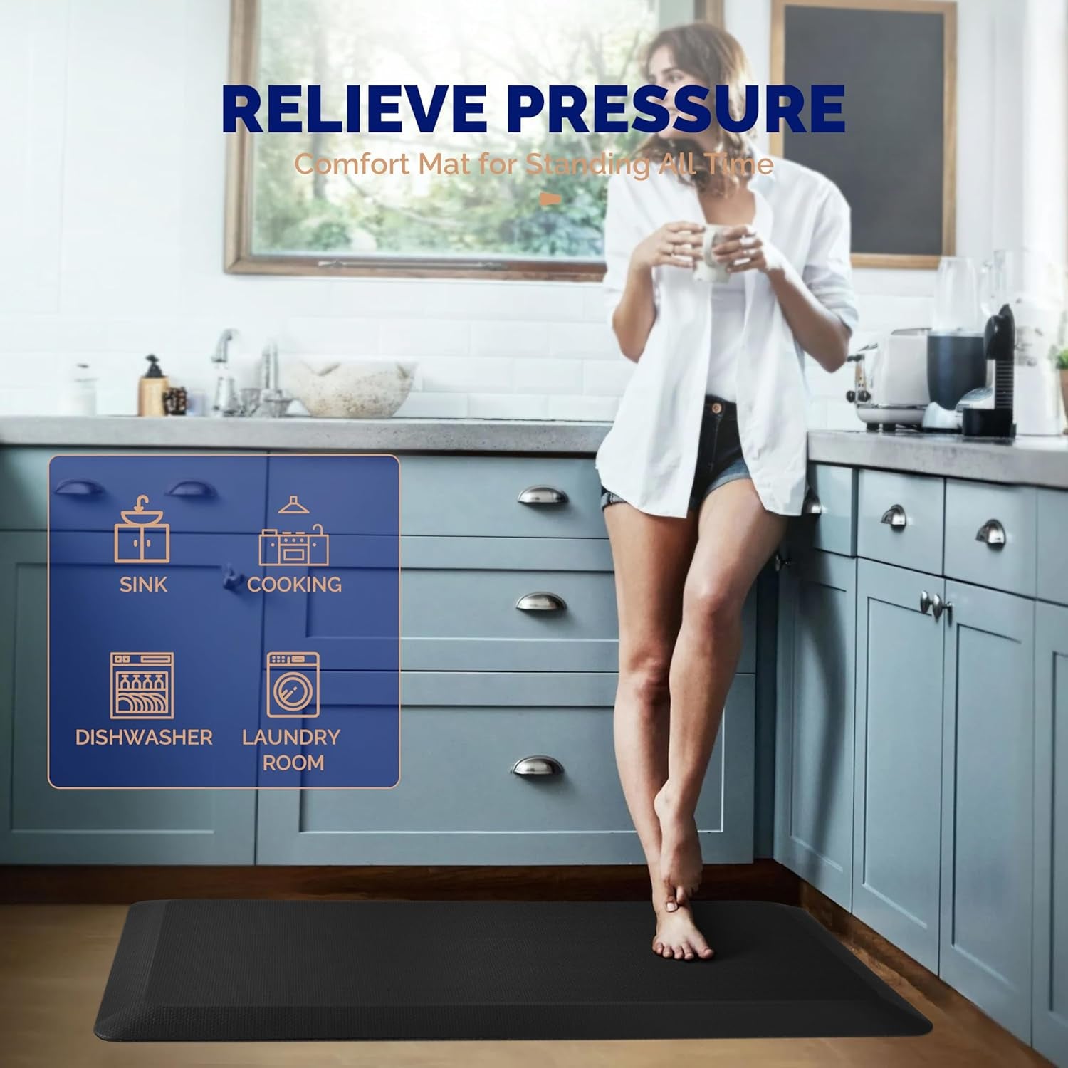 anti Fatigue Mat for Kitchen Floor – 9/10 Extra Thick Cushioned Standing Desk Mat Memory Foam, Ergonomic Floor Padded Comfort at Home, Kitchen, Office, Garage – NOT PVC (20" X 39", Black)