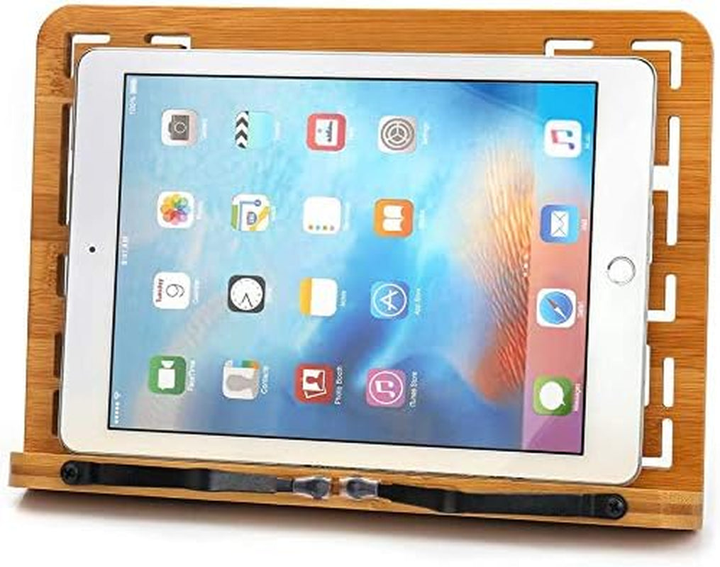 Bamboo Book Stand Reading Rest Holder Cookbook Cook Stand/Foldable Tablet PC Textbook/Music Document Stand/Desk Bookrest with Retro Hollow Elegant Pattern