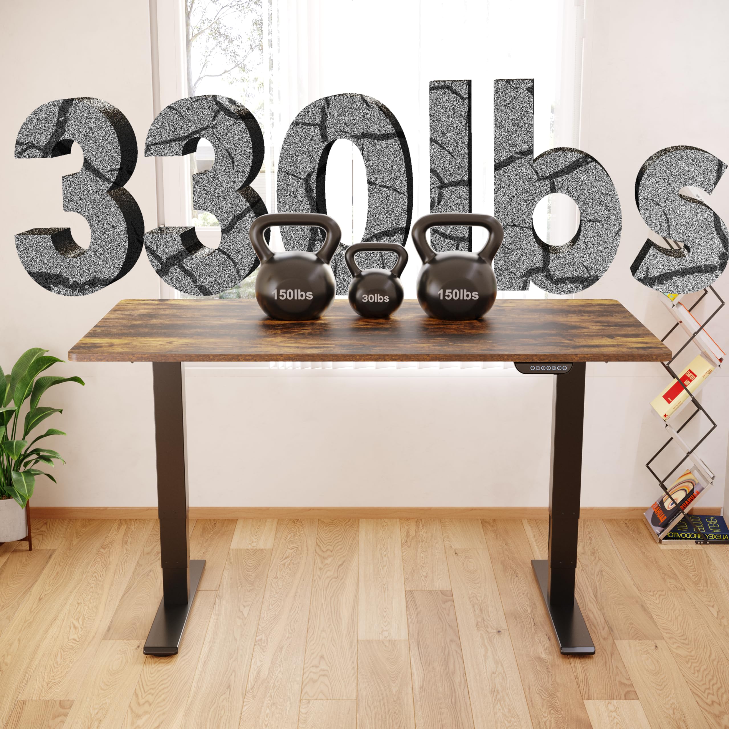 FLEXISPOT E6 MAX Dual Motor 55x28 Inch 3-Stage Heavy Duty Standing Desk, 330lbs Weight Capacity, Height Adjustable Desk w/Cable Management & Wheels (Seamless Special Walnut Desktop + Black Frame)