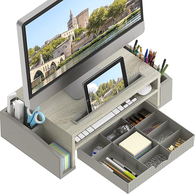 SIMPLE HOUSEWARE Desk Monitor Stand Riser with Adjustable Organizer Tray (Maple)