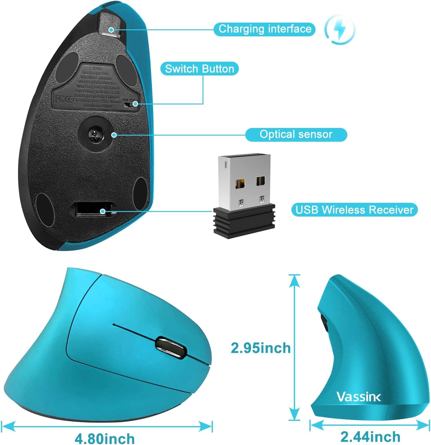 Ergonomic Wireless Mouse, Rechargeable Mouse 2.4Hz Vertical Wireless Optical Mice with USB Receiver, 6 Buttons for Pc,Laptop,Etc Blue