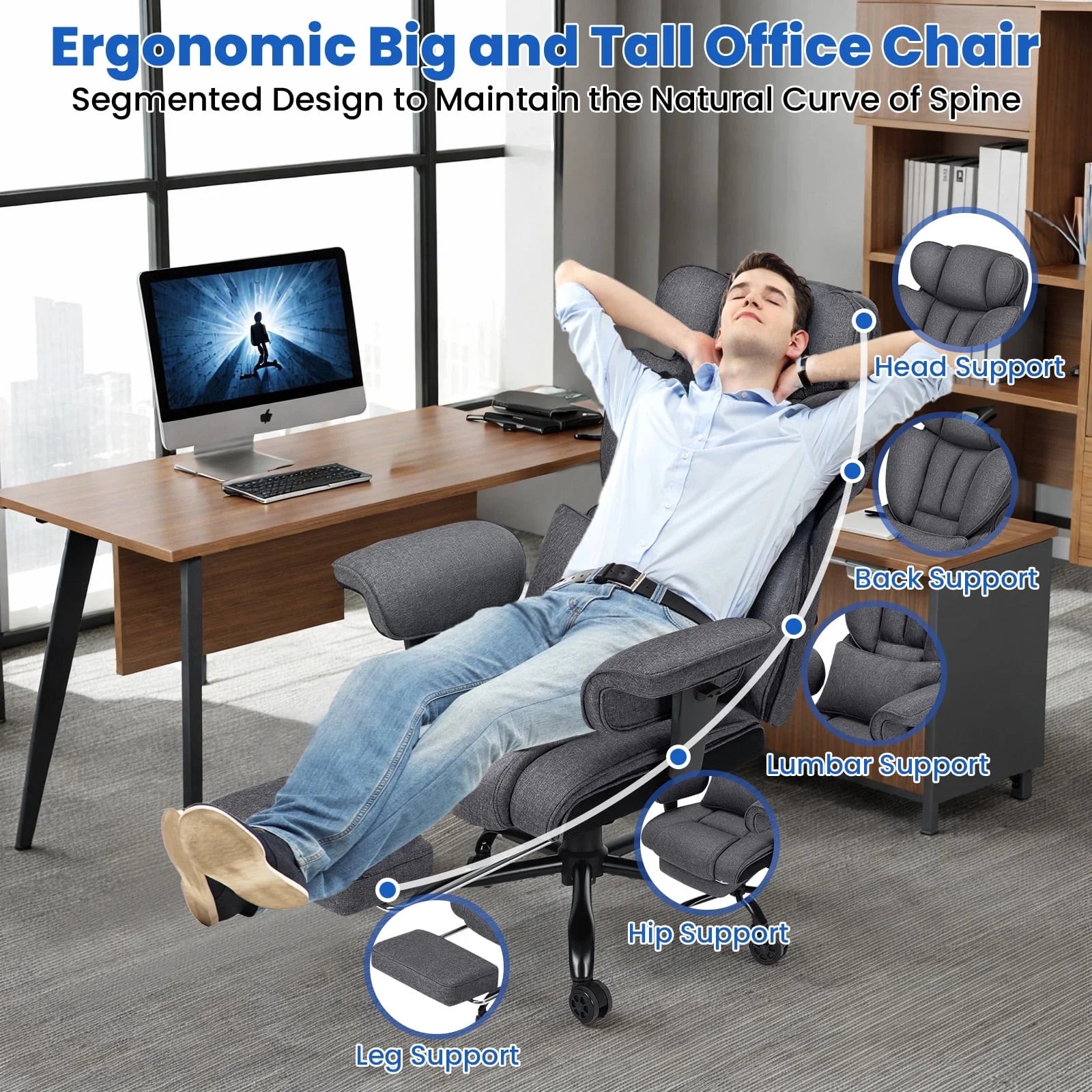 Big and Tall Fabric Office Chair 450Lbs, Executive Desk Chair with Massage Ergonomic Computer Chair with Footrest Reclining Desk Office Chair with Lumbar Support for Home Office