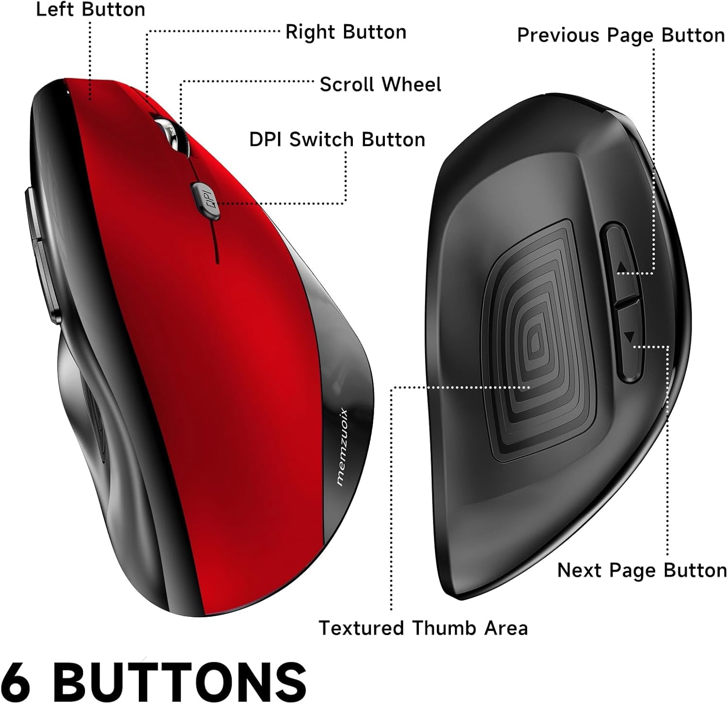 Ergonomic Wireless Mouse, 2.4G Optical Cordless, 800/1200/1600 DPI, Vertical Computer Mouse for Laptop, Mac, PC, Desktop (Right Hand, Large) - Red