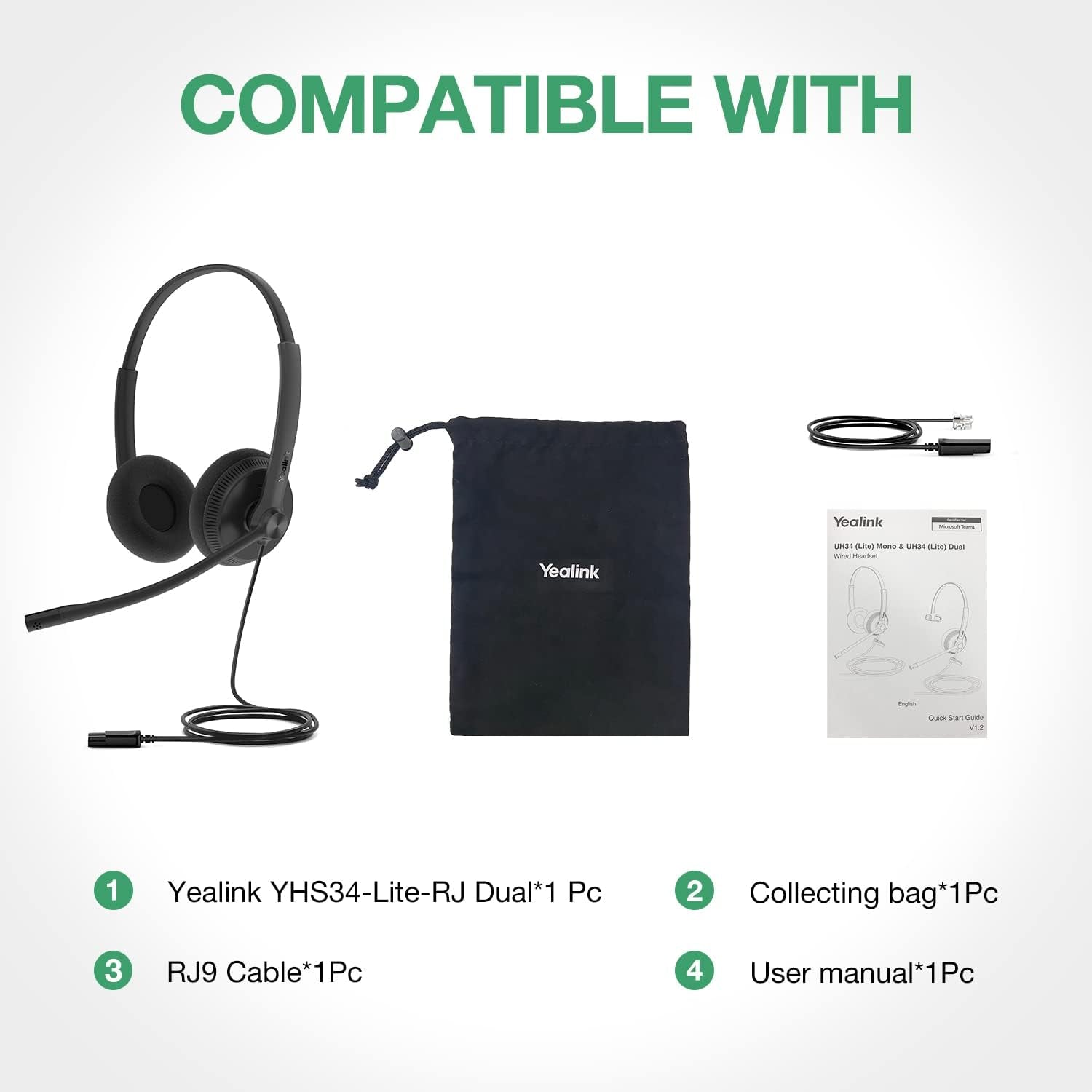 Phone Headsets for Office Phones YHS34 Lite QD to RJ9 Wired Headset Compatible with Poly Snom Grandstream Phones Desk Landline Headset with Microphone -Dual/111G/2.1M Cable