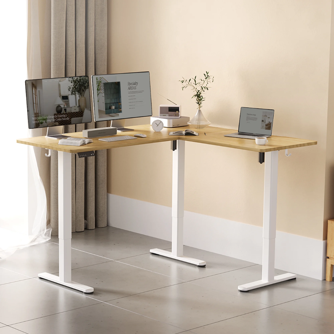 INNOVAR L-Shaped Electric Standing Desk - 63" x 55" Dual Motor Adjustable Height Corner Desk with Splice Board (Bamboo Top)