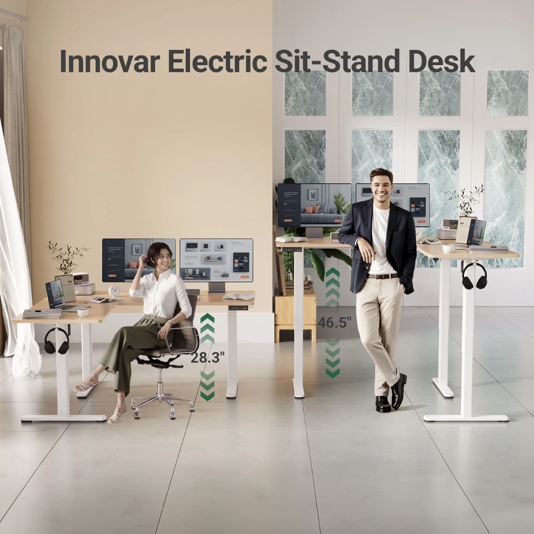 INNOVAR L-Shaped Electric Standing Desk - 63" x 55" Dual Motor Adjustable Height Corner Desk with Splice Board (Bamboo Top)