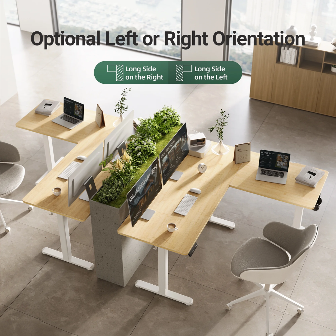 INNOVAR L-Shaped Electric Standing Desk - 63" x 55" Dual Motor Adjustable Height Corner Desk with Splice Board (Bamboo Top)