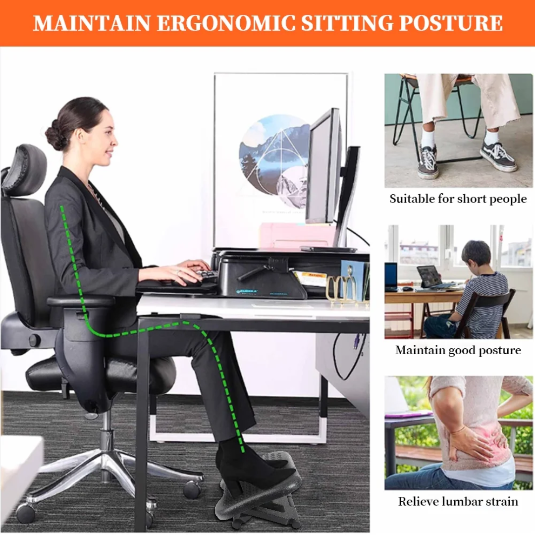 Adjustable Under-Desk Footrest with Massage - Ergonomic Foot Stool with 3 Height Positions & 30° Tilt Angle for Back Pain Relief and Leg Circulation