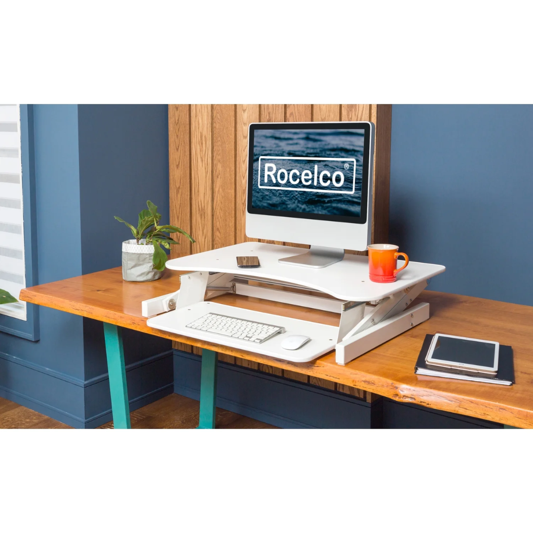 Rocelco 32" Adjustable Standing Desk Converter and Anti Fatigue Mat Bundle (White)
