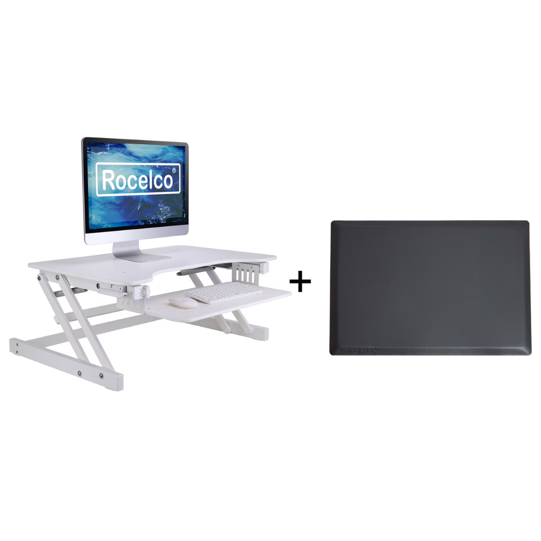 Rocelco 32" Adjustable Standing Desk Converter and Anti Fatigue Mat Bundle (White)