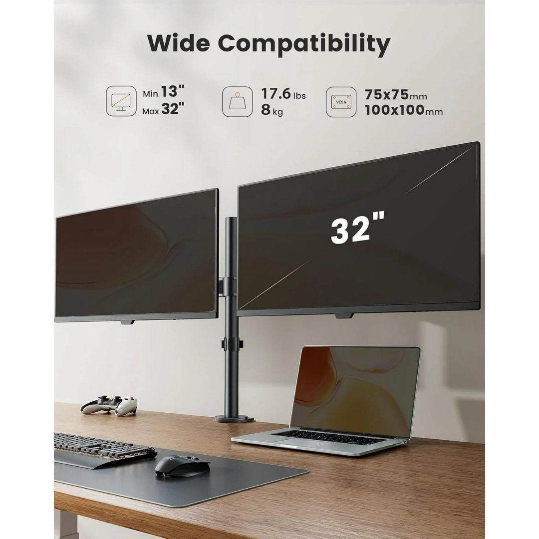 Dual Monitor Stand for 13"-32" Screens - Fully Adjustable Monitor Mount, Up to 17.6 lbs per Arm