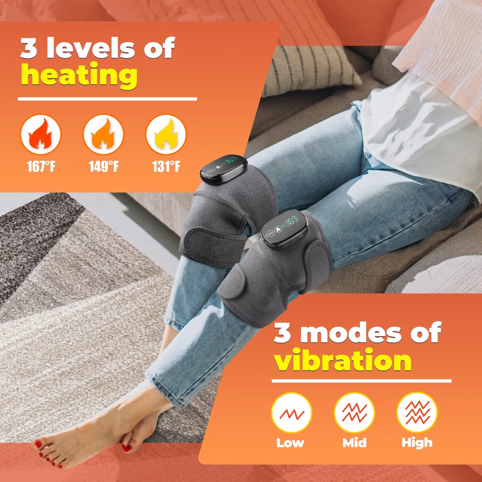 Cordless Knee Massager with Heated Vibration ,Heated Shoulder Knee Brace Wrap for Relax, Eletric Knee Heating Pad for Men Women,Heating Pad for Shoulder Knee 3 Adjustable Vibrations and Heating Modes