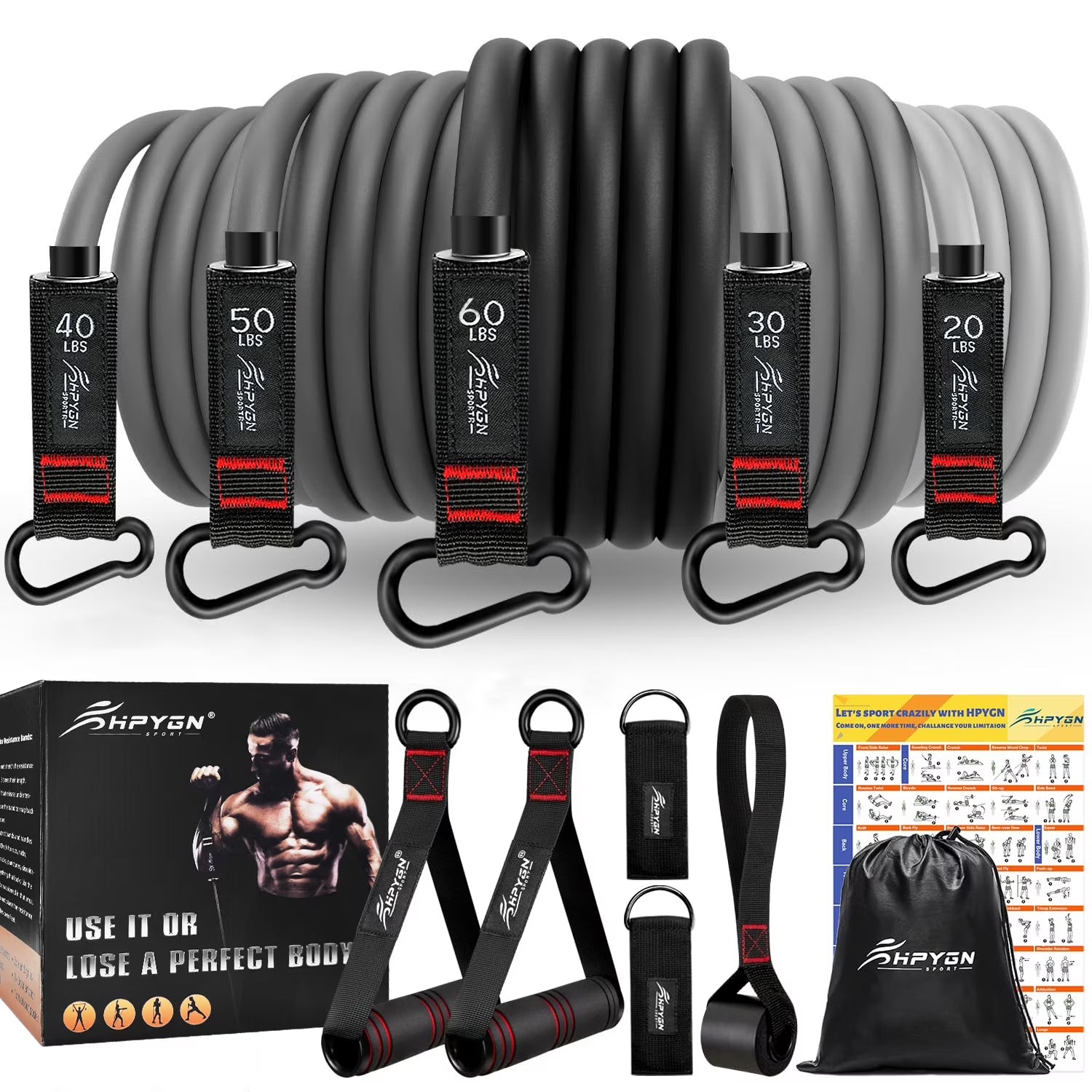 Resistance Bands Set, 200Lb  5 Tube Fitness Bands for Muscle Training