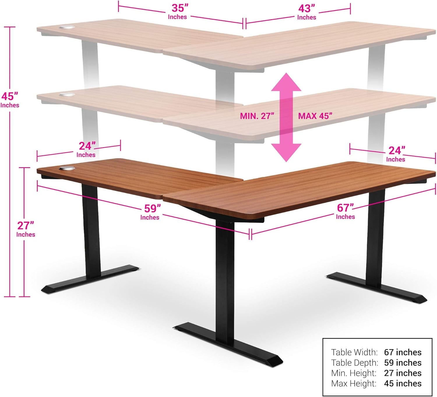 Electric Standing L Desk with Power Charging Station, Adjustable Height Sit Stand Home Office Desk, L Shaped Computer Desk, 67X59 Inches Corner Stand up Desk, Walnut Top with Black Frame