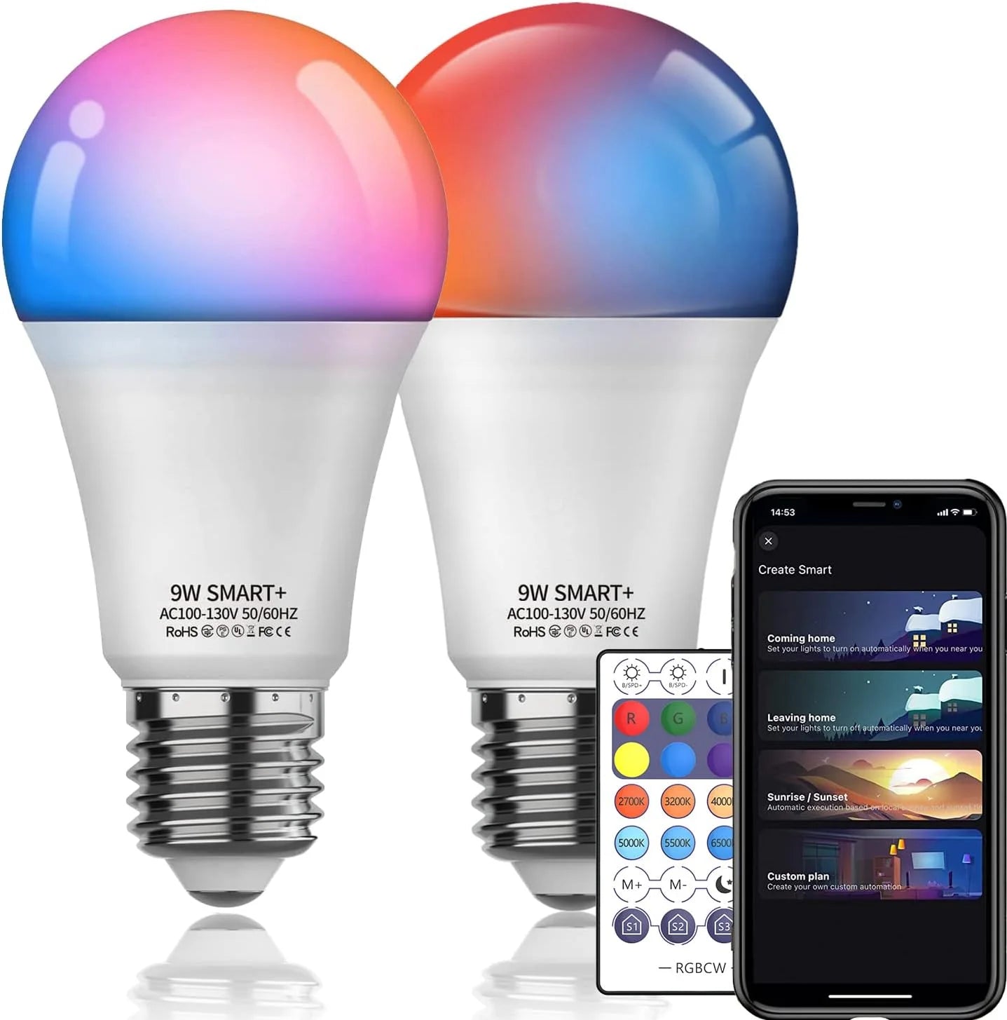 Smart Light Bulb, Wifi & Bluetooth-Compatible 2In1 RGBCW Dimmable Smart LED Bulbs, E27 9W Compatible with Alexa, Google Home, Siri, No Hub Required Remote Control Included (2 Packs)