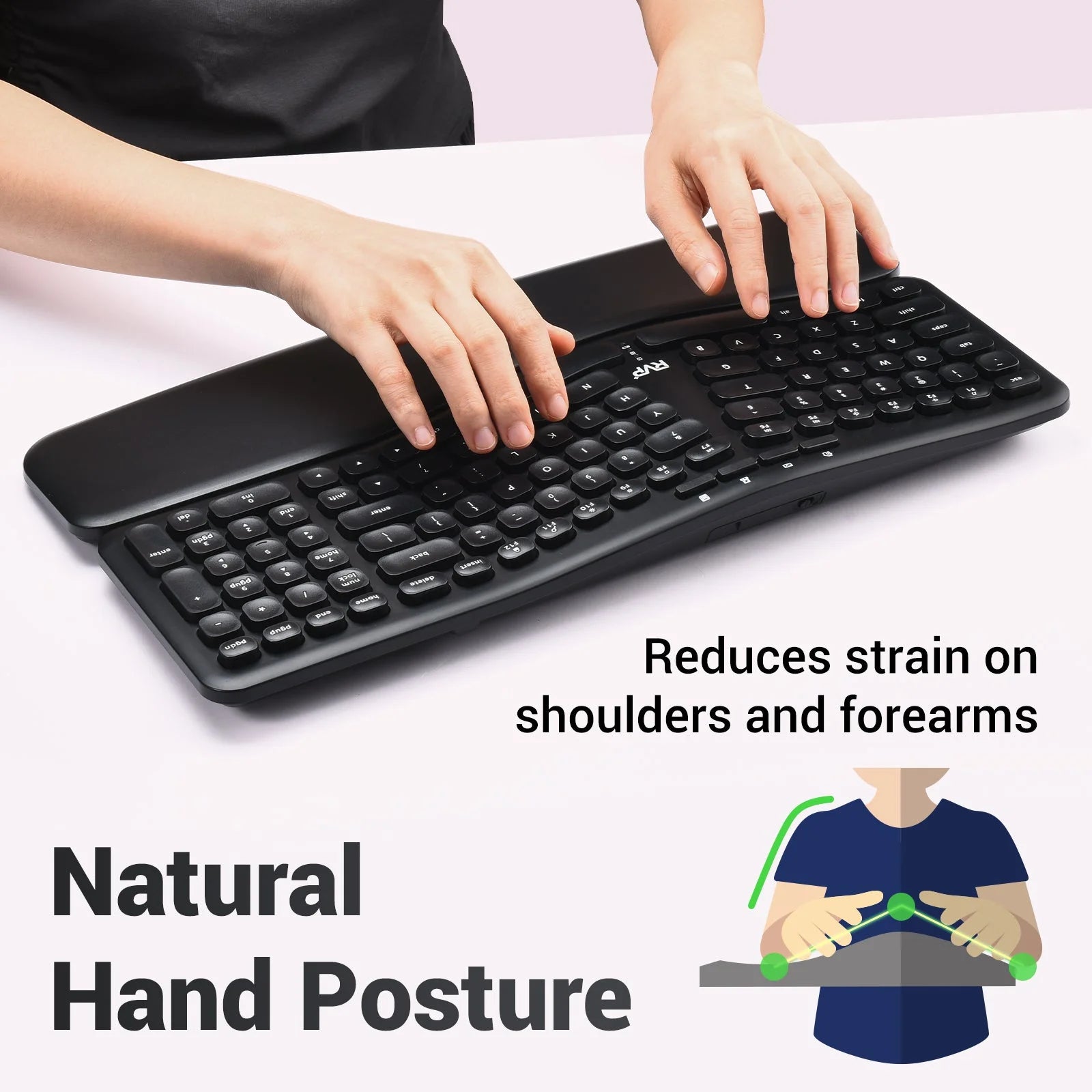 '+ K100-B Adjustable Wireless Ergonomic Keyboard with Magnetic Wrist Rest, Black