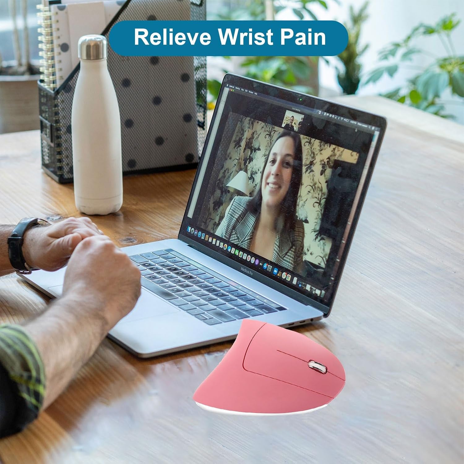 Ergonomic Wireless Vertical Mouse Ergo Optical 2.4G Cordless Mouse Portable Travel Mice with 6 Buttons 3 Adjustable DPI 800/1200/1600 for PC Laptop Desktop (Pink)